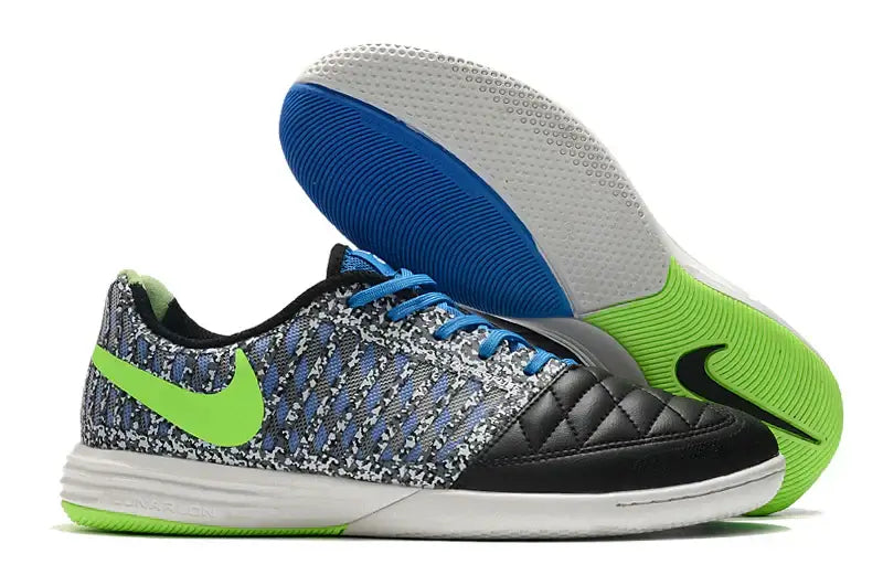 Chuteira Futsal Nike Lunar Gato IC Preta e Verde com design moderno e solado Indoor Court.