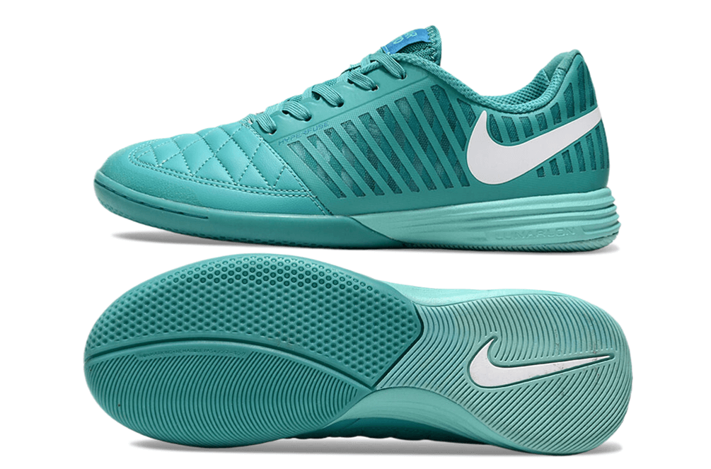 Chuteira Futsal Nike Lunar Gato IC - Turquesa vista lateral e inferior mostrando design e tecnologia.