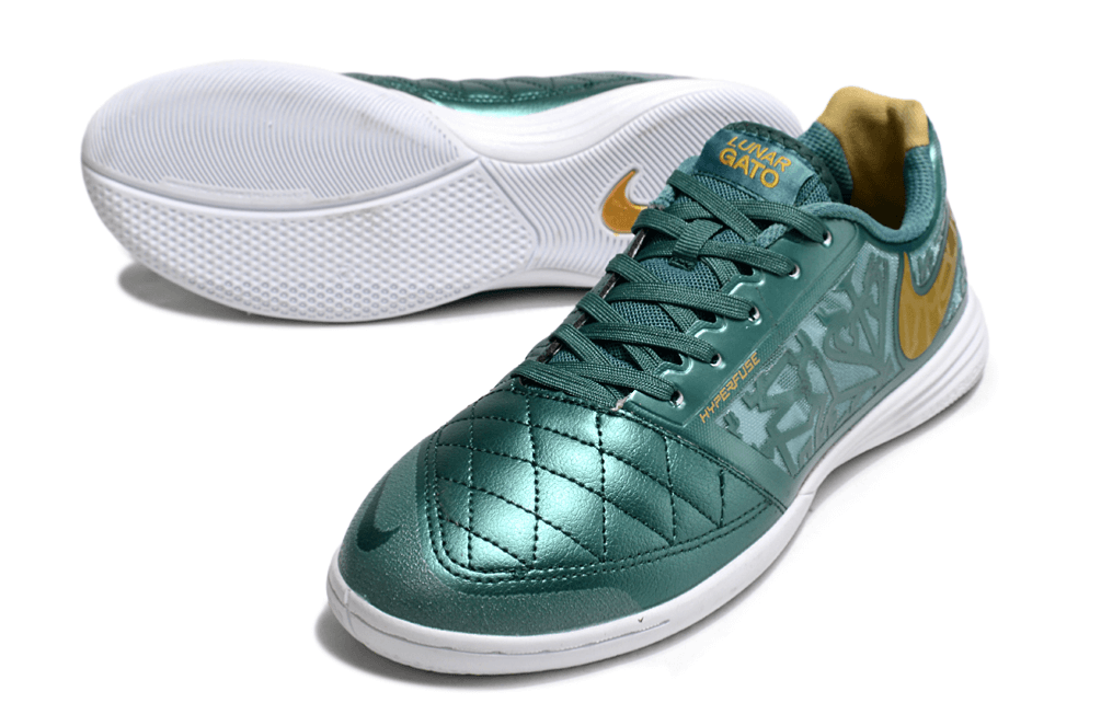 Chuteira Futsal Nike Lunar Gato IC - Turquesa e Dourada com design exclusivo e tecnologia avançada.