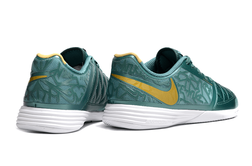 Chuteira Futsal Nike Lunar Gato IC - Turquesa e Dourada vista traseira com detalhes em dourado