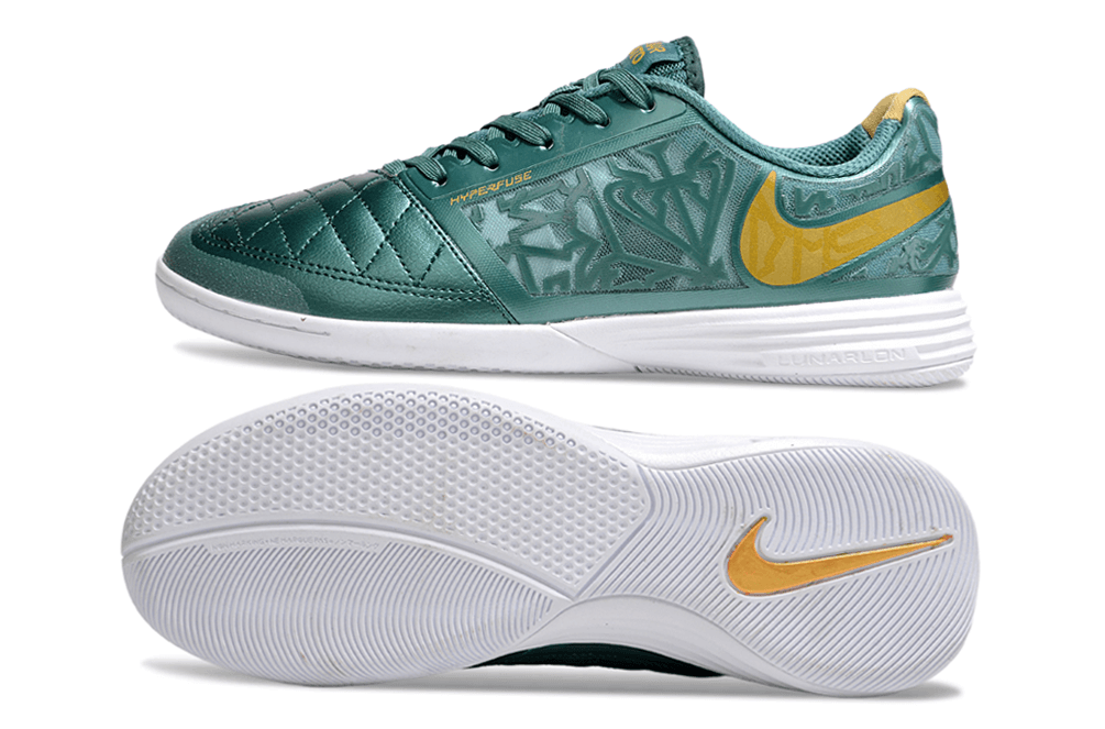 Chuteira Futsal Nike Lunar Gato IC - Turquesa e Dourada vista lateral e inferior