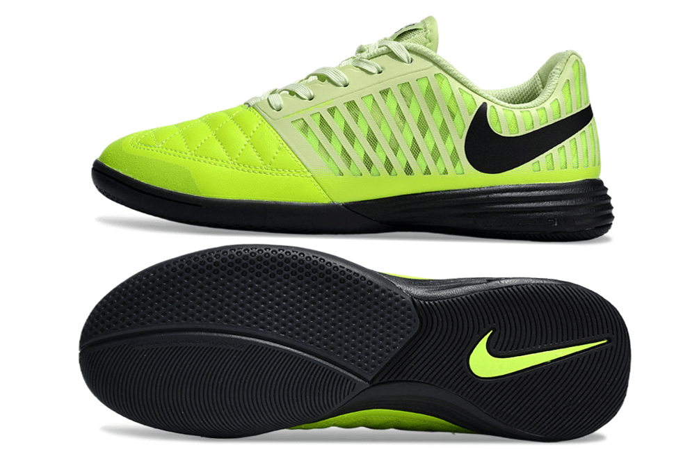 Chuteira Futsal Nike Lunar Gato IC - Verde e Preta em destaque com design moderno e tecnologia avançada para quadras indoor.