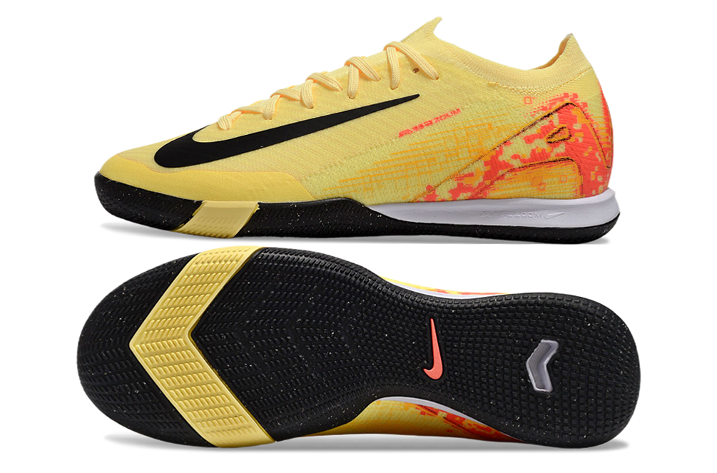 Chuteira Futsal Nike Mercurial Air Zoom Vapor 16 IC - Amarela, Laranja e Preta, vista lateral e inferior.