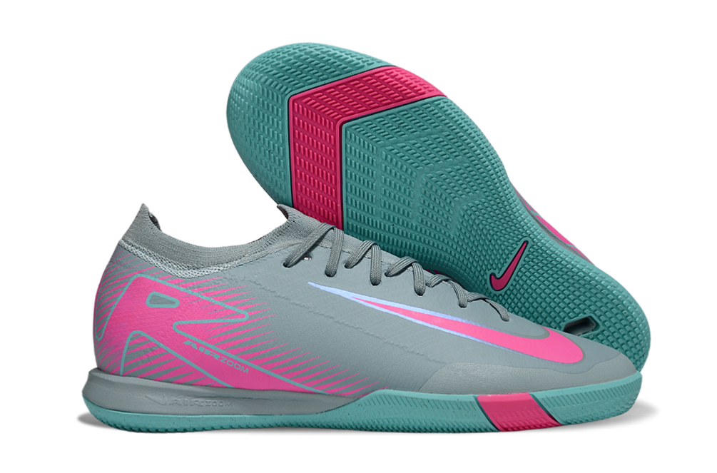 Chuteira Futsal Nike Mercurial Air Zoom Vapor 16 IC - Azul e Rosa, design em cinza, azul e rosa.