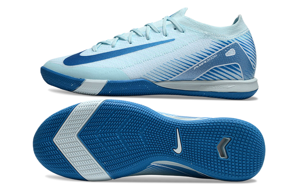 Chuteira Futsal Nike Mercurial Air Zoom Vapor 16 IC - Azul vista lateral e inferior em azul vibrante.