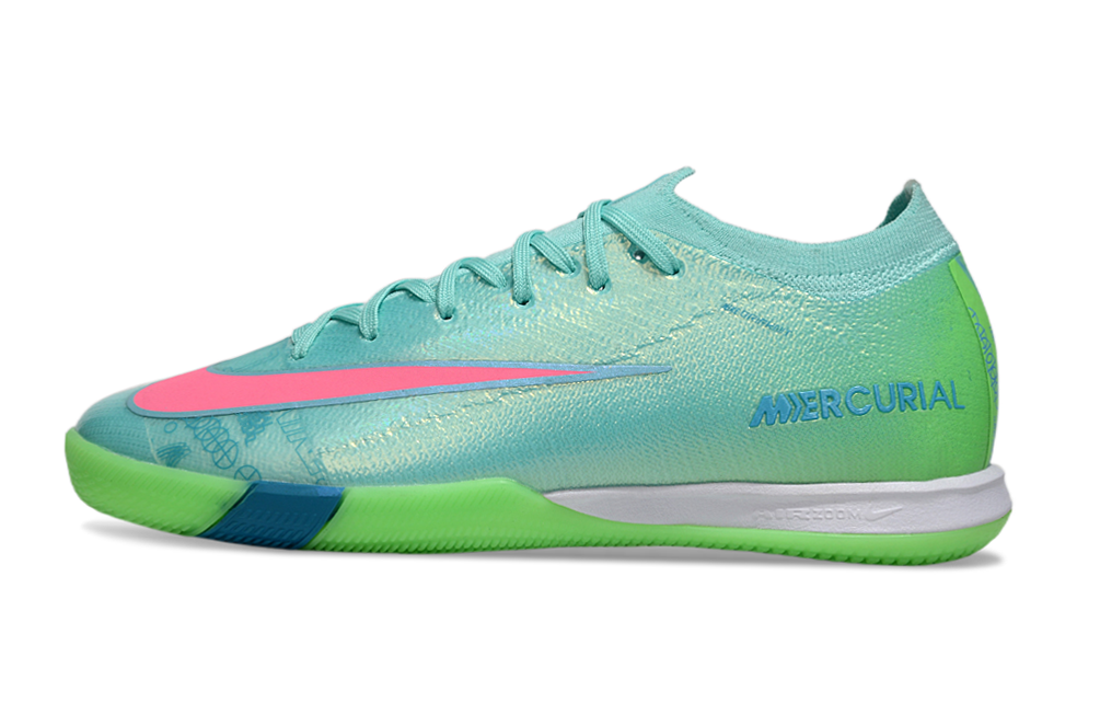 Chuteira Futsal Nike Mercurial Air Zoom Vapor 16 IC - Azul e Verde lateral com design vibrante e sola IC