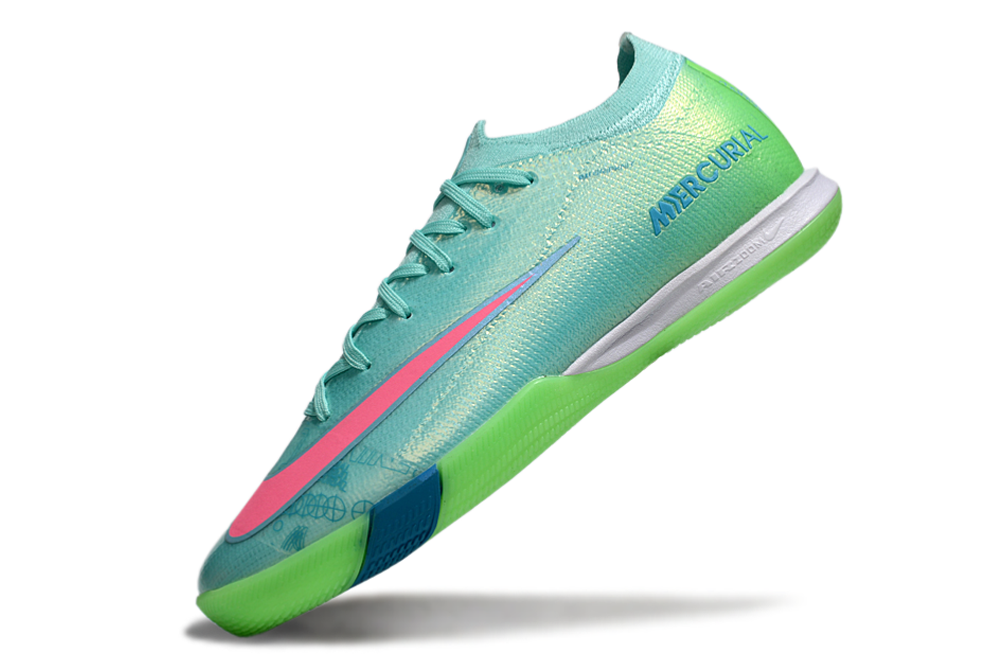 Chuteira Futsal Nike Mercurial Air Zoom Vapor 16 IC - Azul e Verde em destaque, com design vibrante e tecnologia avançada.