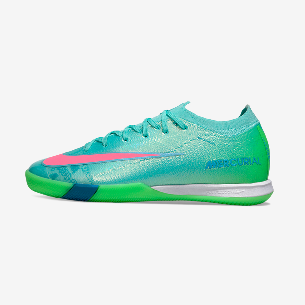 Chuteira Futsal Nike Mercurial Air Zoom Vapor 16 IC - Azul e Verde lateral com design aerodinâmico e cores vibrantes.
