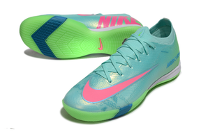 Chuteira Futsal Nike Mercurial Air Zoom Vapor 16 IC - Azul e Verde com design vibrante e tecnologia de amortecimento.