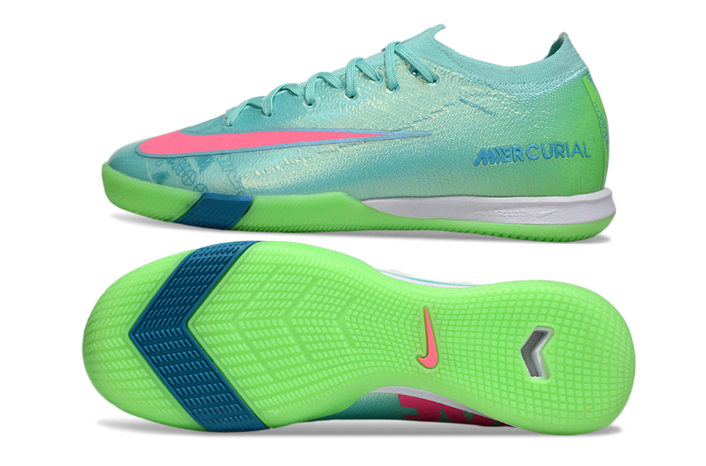 Chuteira Futsal Nike Mercurial Air Zoom Vapor 16 IC - Azul e Verde com design aerodinâmico e sola para piso indoor.