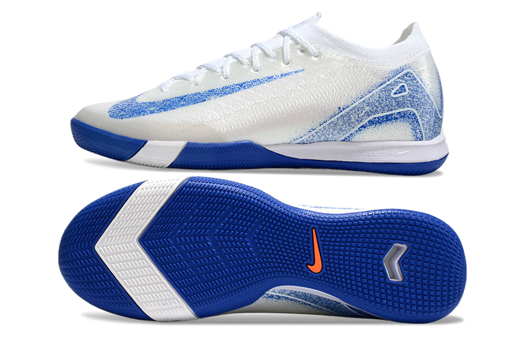 Chuteira Futsal Nike Mercurial Air Zoom Vapor 16 IC - Branca e Azul lado e sola