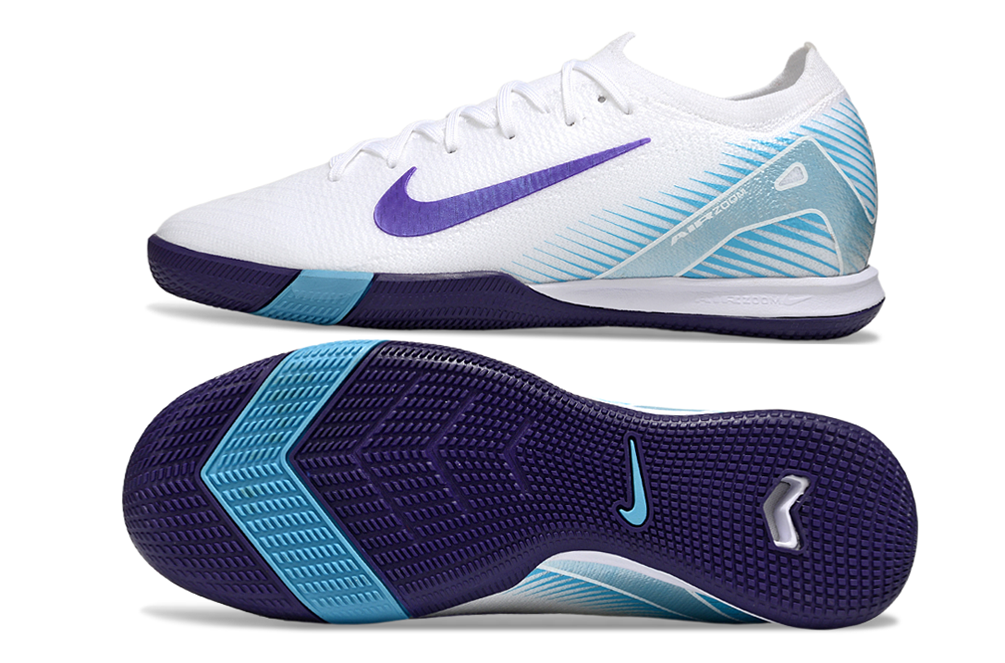 Chuteira Futsal Nike Mercurial Air Zoom Vapor 16 IC - Branca e Azul com design aerodinâmico e sola de borracha.
