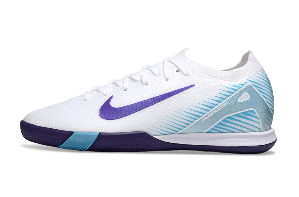 Chuteira Futsal Nike Mercurial Air Zoom Vapor 16 IC - Branca e Azul com detalhes em azul e roxo, ideal para futsal.