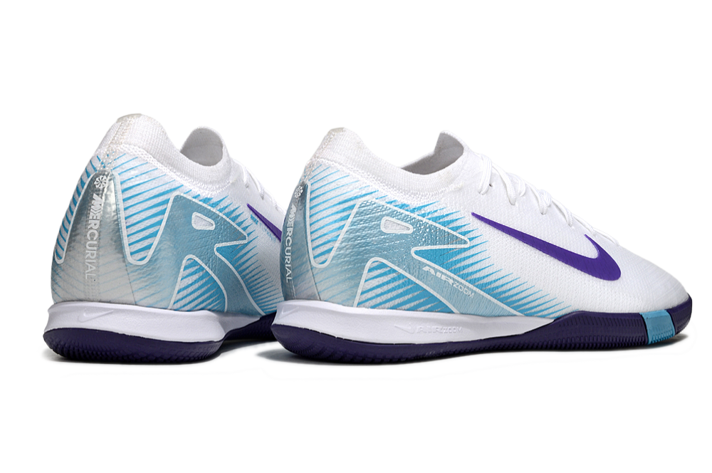 Chuteira Futsal Nike Mercurial Air Zoom Vapor 16 IC - Branca e Azul, design aerodinâmico e tecnologia de conforto.