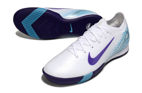 Chuteira Futsal Nike Mercurial Air Zoom Vapor 16 IC - Branca e Azul com detalhes em roxo e azul claro.