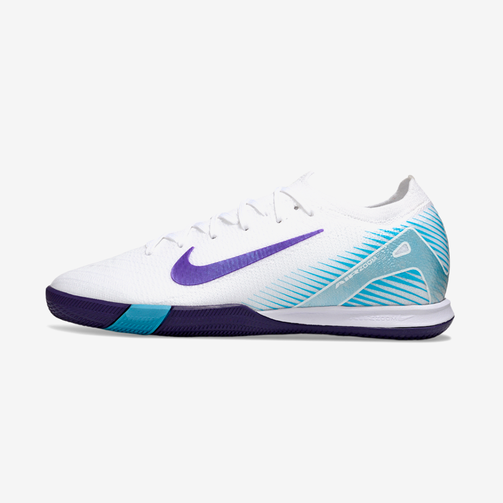 Chuteira Futsal Nike Mercurial Air Zoom Vapor 16 IC - Branca e Azul, design moderno com tecnologia Air Zoom.