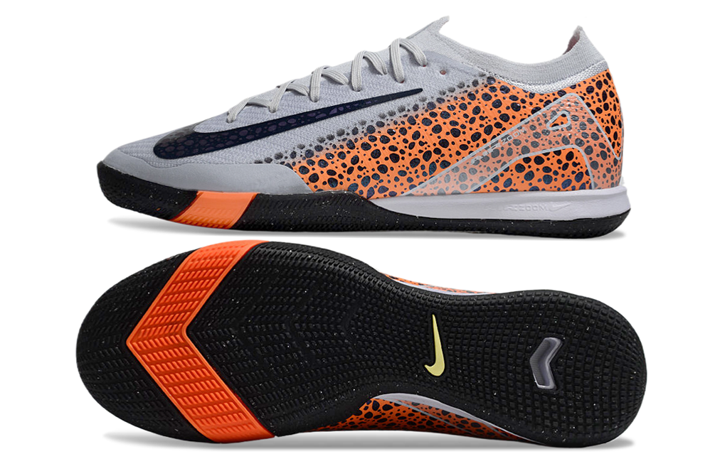 Chuteira Futsal Nike Mercurial Air Zoom Vapor 16 IC - Cinza e Laranja com design aerodinâmico e sola antiderrapante.