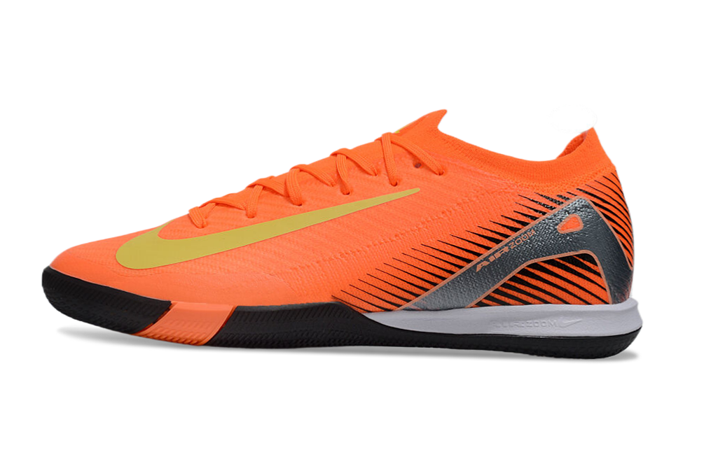 Chuteira Futsal Nike Mercurial Air Zoom Vapor 16 IC -  Laranja, Preta e Verde em destaque com design moderno.
