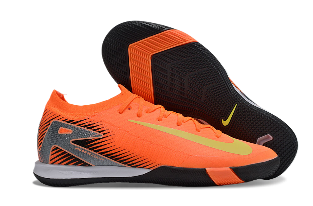Chuteira Futsal Nike Mercurial Air Zoom Vapor 16 IC -  Laranja, Preta e Verde em destaque com sola em preto