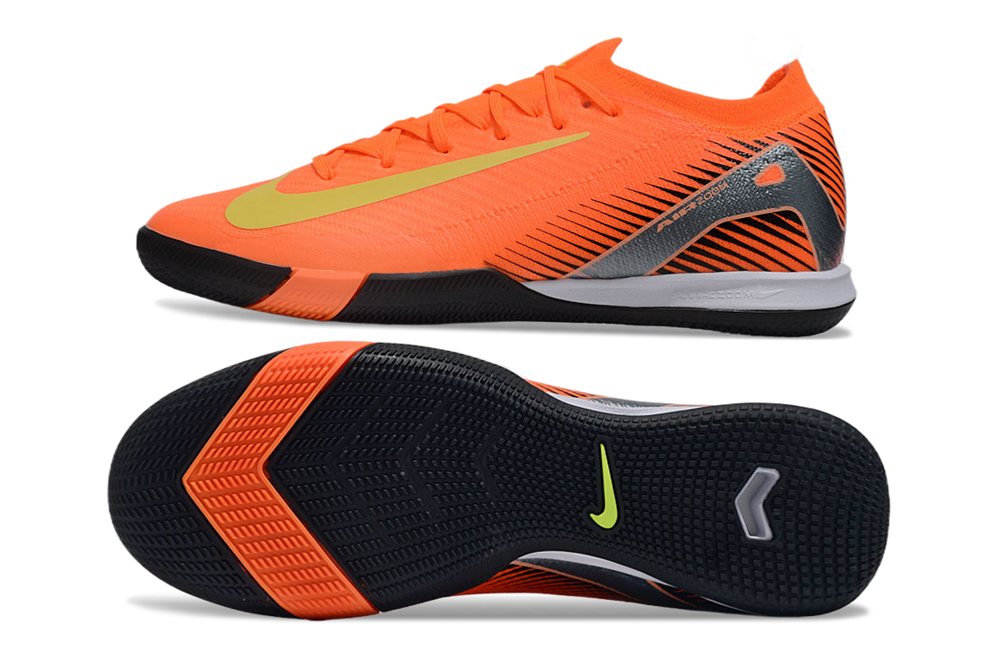 Chuteira Futsal Nike Mercurial Air Zoom Vapor 16 IC - Laranja, Preta e Verde de lado e sola