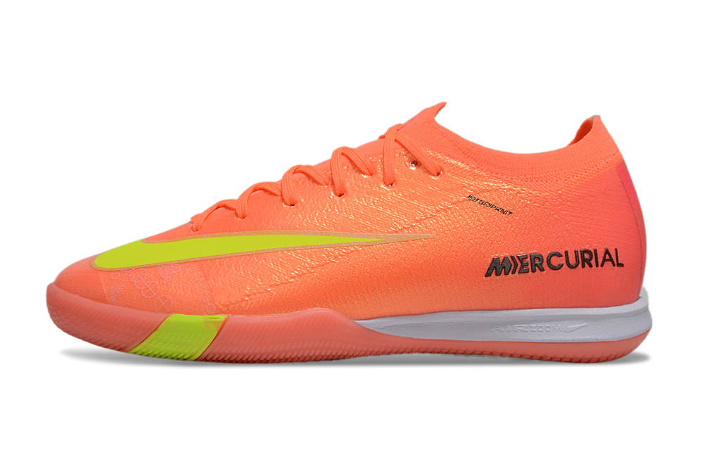 Chuteira Futsal Nike Mercurial Air Zoom Vapor 16 IC - Laranja e Verde lateral com detalhes em laranja e verde.