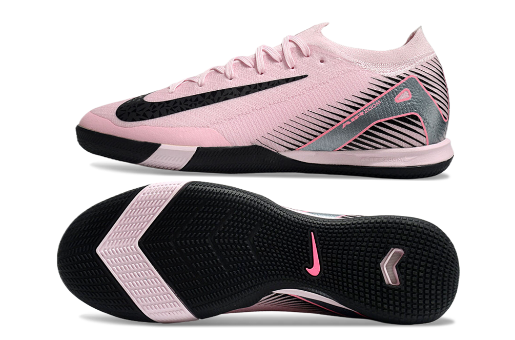 Chuteira Futsal Nike Mercurial Air Zoom Vapor 16 IC - Rosa e Preta em ângulos laterais e debaixo.