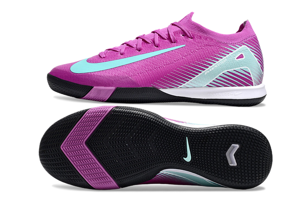 Chuteira Futsal Nike Mercurial Air Zoom Vapor 16 IC - Roxa e Azul em vista lateral e inferior