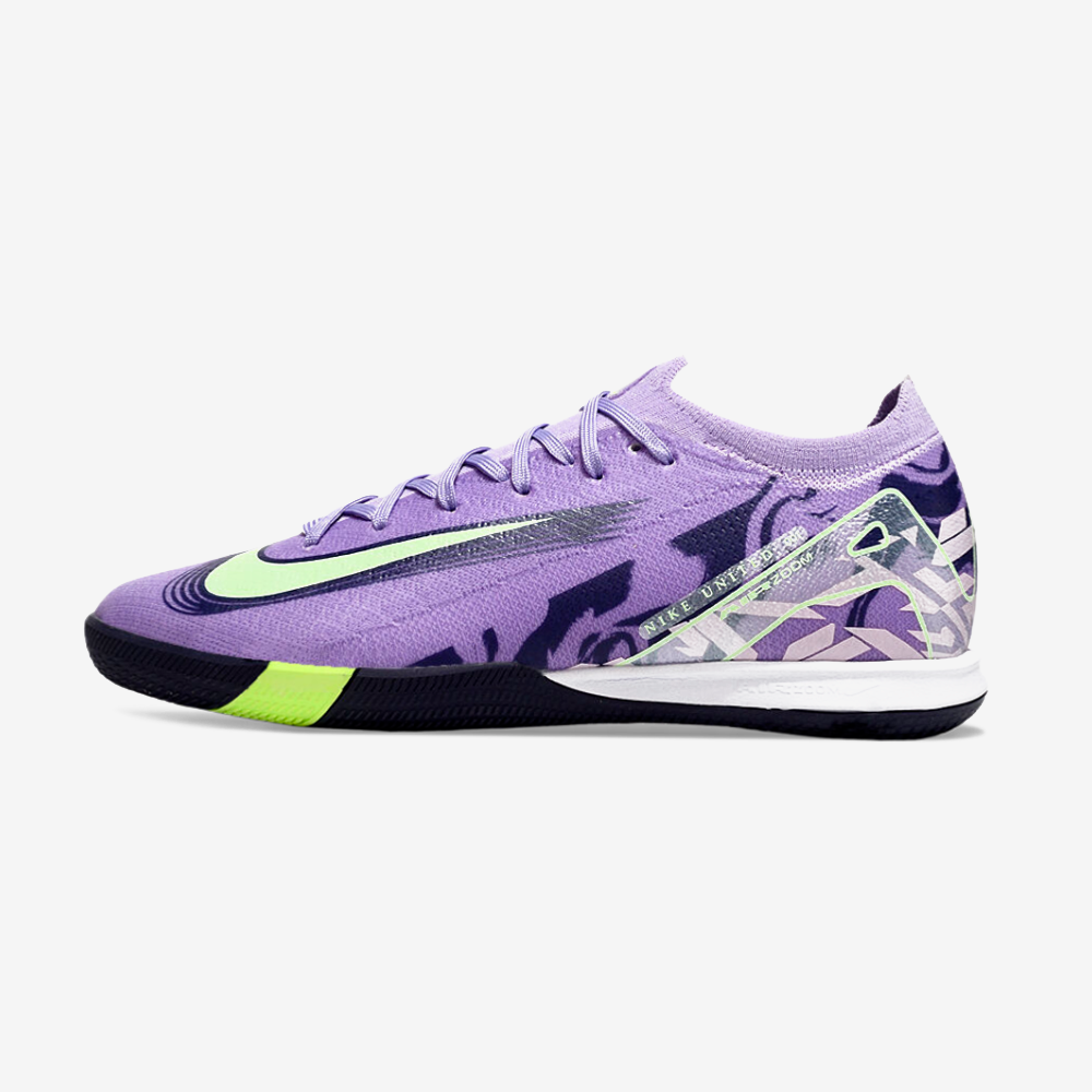 Chuteira Futsal Nike Mercurial Air Zoom Vapor 16 IC - Roxa e Verde vista lateral em fundo branco