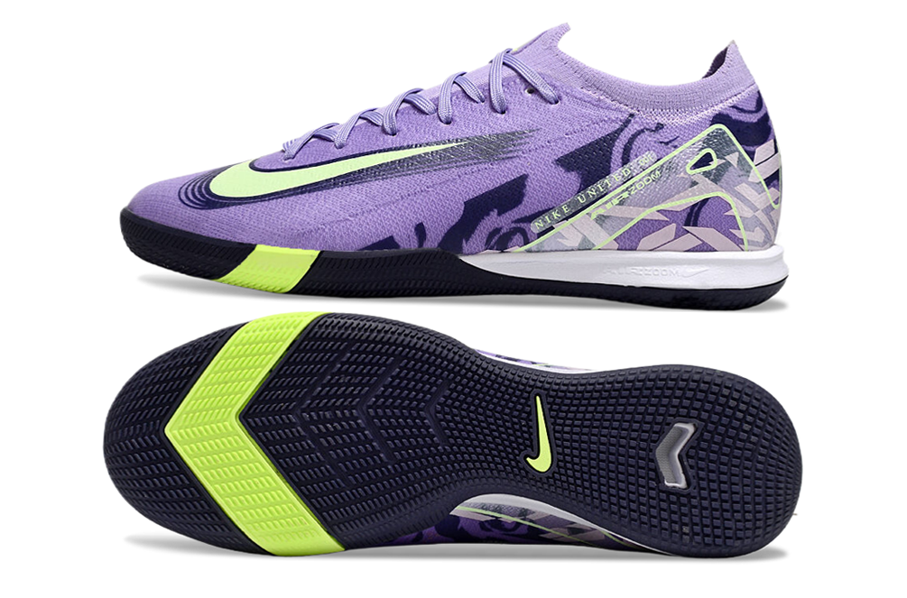 Chuteira Futsal Nike Mercurial Air Zoom Vapor 16 IC - Roxa e Verde vista lateral e inferior