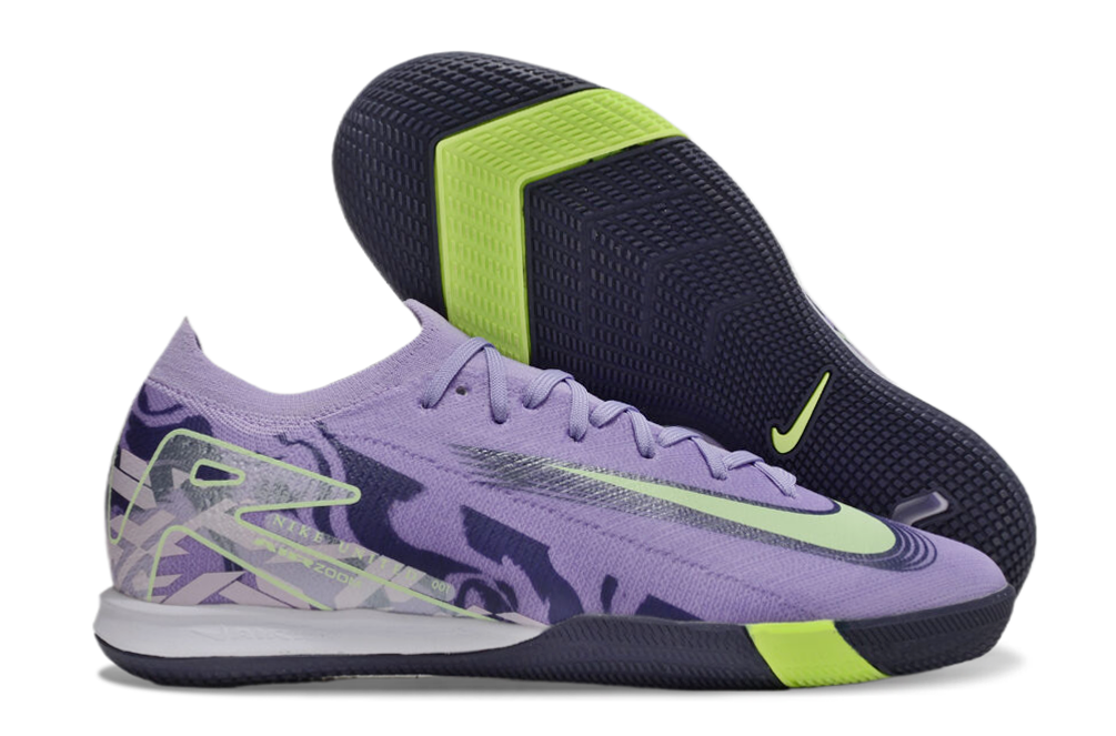Chuteira Futsal Nike Mercurial Air Zoom Vapor 16 IC - Roxa e Verde com design elegante e tecnologia avançada.