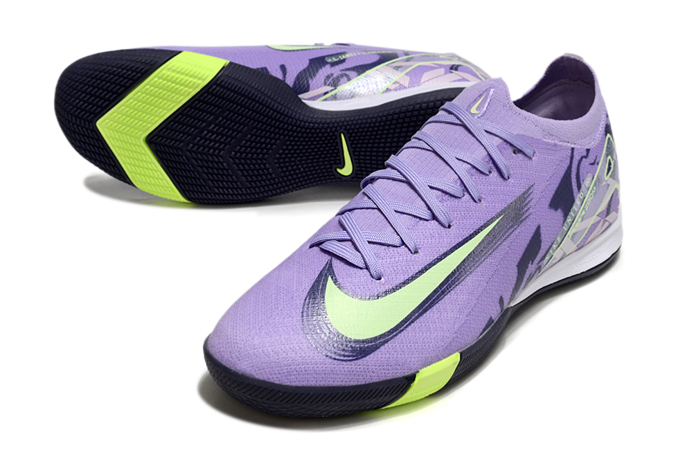 Chuteira Futsal Nike Mercurial Air Zoom Vapor 16 IC - Roxa e Verde em detalhes, com design moderno e tecnológico.