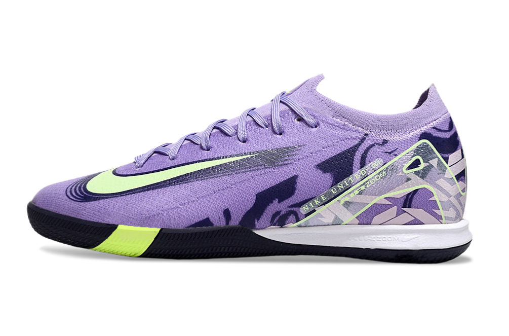 Chuteira Futsal Nike Mercurial Air Zoom Vapor 16 IC - Roxa e Verde com design moderno e tecnologia de desempenho.