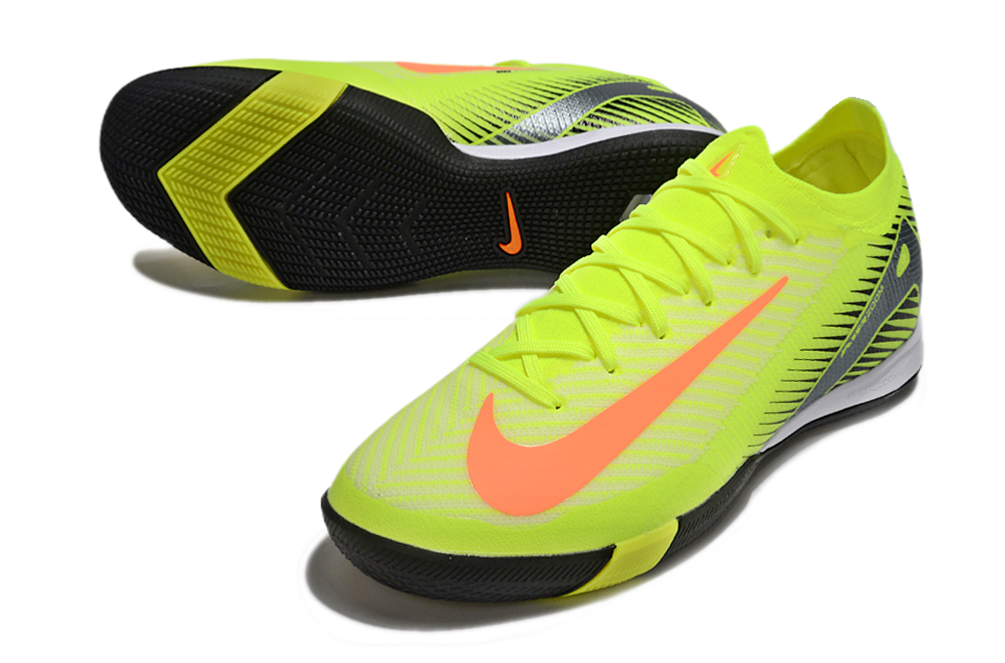 Chuteira Futsal Nike Mercurial Air Zoom Vapor 16 IC - Verde e Laranja em destaque com design vibrante.