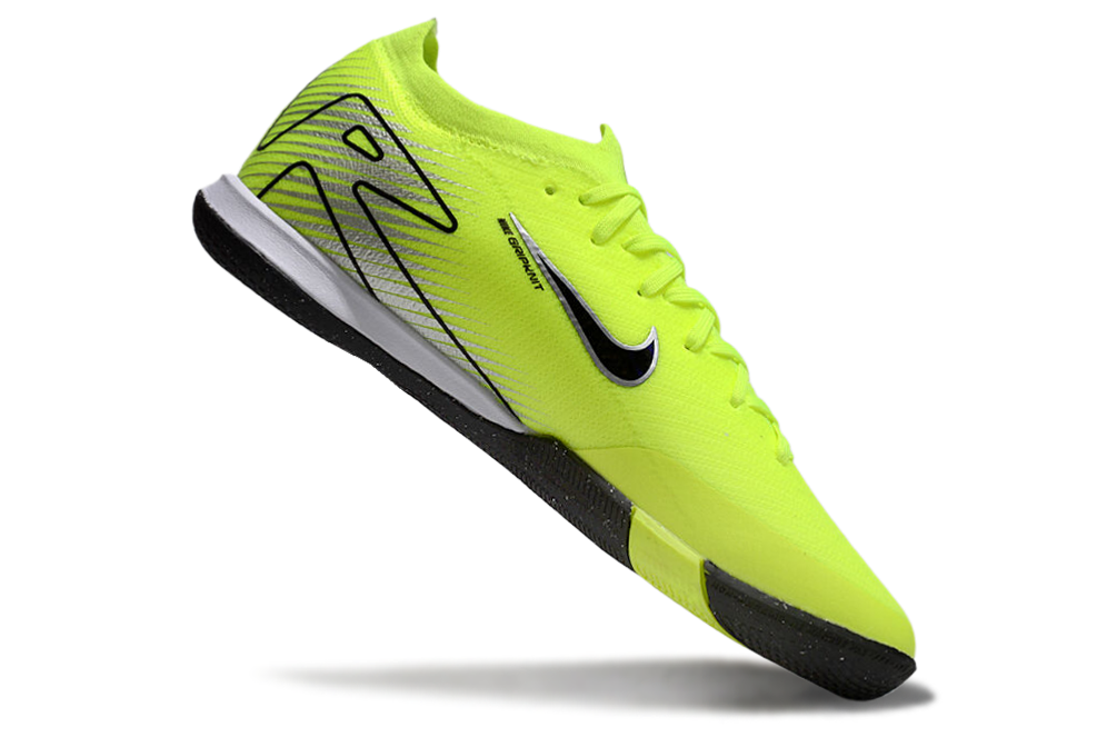 Chuteira Futsal Nike Mercurial Air Zoom Vapor 16 IC - Verde e Preta em destaque com design amarelo vibrante.