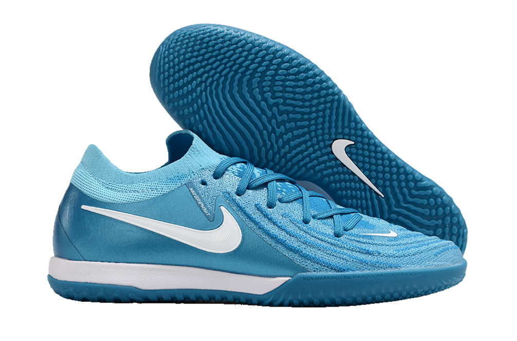 Chuteira Futsal Nike Phantom GX II IC - Azul "Mad ambition Pack" em vista lateral e底部.