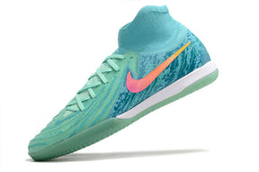 Chuteira Futsal Nike Phantom Luna IC - Azul e Verde com design inovador e sola IC para indoor.