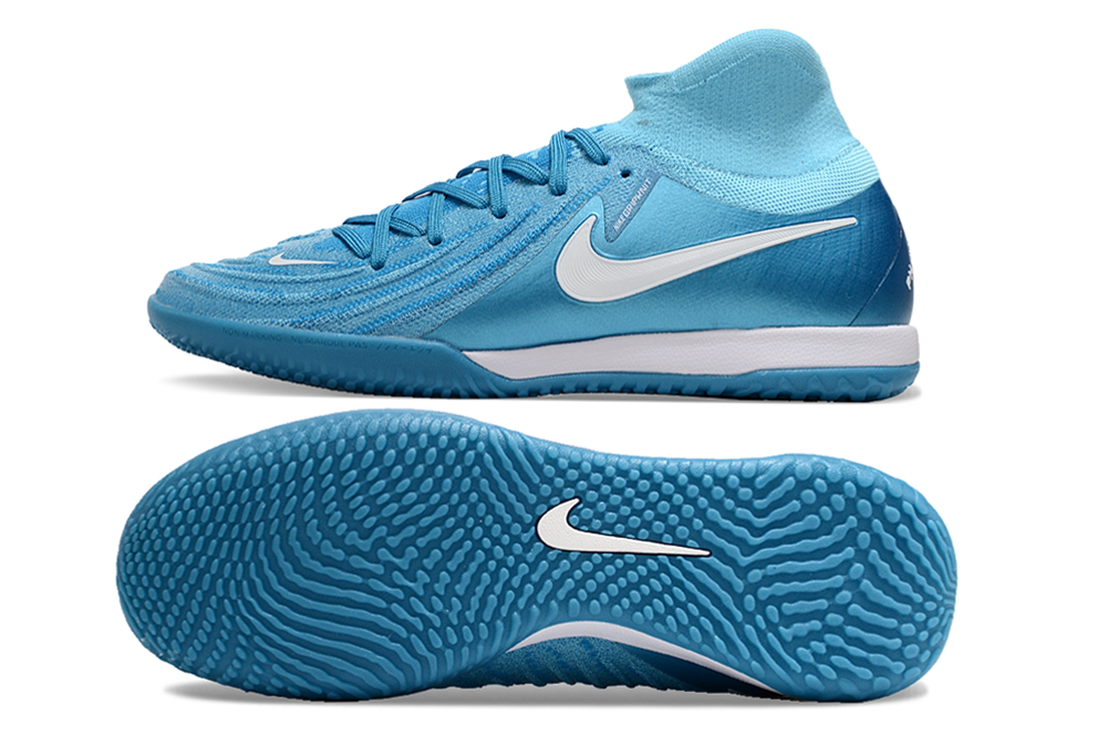 Chuteira Futsal Nike Phantom Luna IC - Azul "Mad ambition Pack" vista lateral e sola em detalhe.