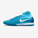 Chuteira Futsal Nike Phantom Luna IC - Azul "Mad ambition Pack" vista lateral com detalhes em branco.