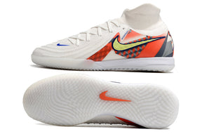 Chuteira Futsal Nike Phantom Luna IC - Branca, Cinza e Laranja "Barna Pack" vista lateral e sola