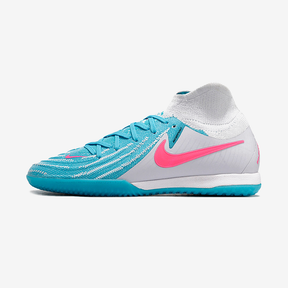Chuteira Futsal Nike Phantom Luna IC - Branca e Azul lateral com detalhes em azul e rosa.