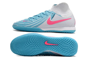 Chuteira Futsal Nike Phantom Luna IC - Branca e Azul vista lateral e inferior, ideal para jogadores exigentes.