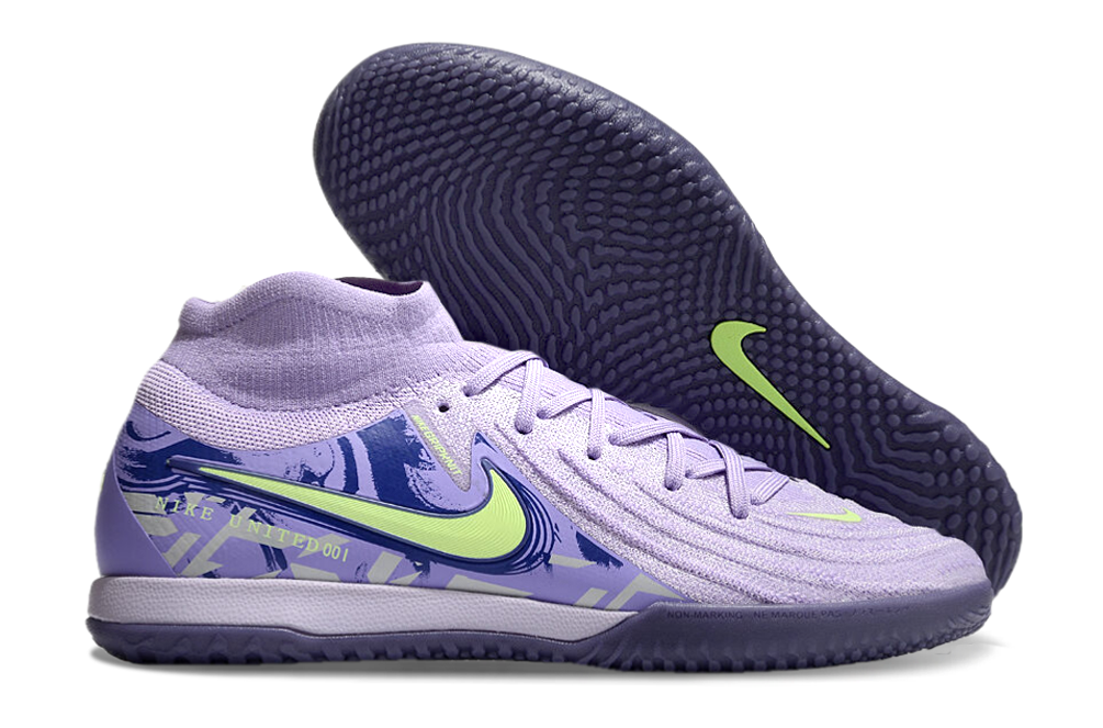 Chuteira futsal nike phantom luna ic roxa e verde - United Pack com detalhes em verde e sola para quadras