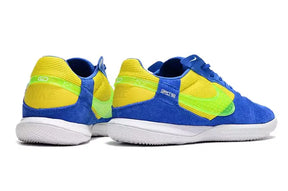 Chuteira Futsal Nike Street Gato IC Azul, Amarelo e Verde, modelo vibrante com design em azul e amarelo.