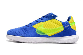 Chuteira Futsal Nike Street Gato IC Azul, Amarelo e Verde com design vibrante e sola de borracha especializada