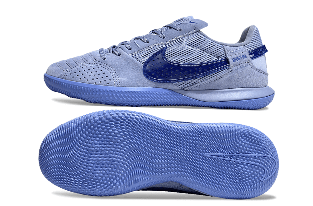 Chuteira Futsal Nike Street Gato IC - Azul e Azul Escura, design estiloso e tecnologia IC para desempenho em quadra.