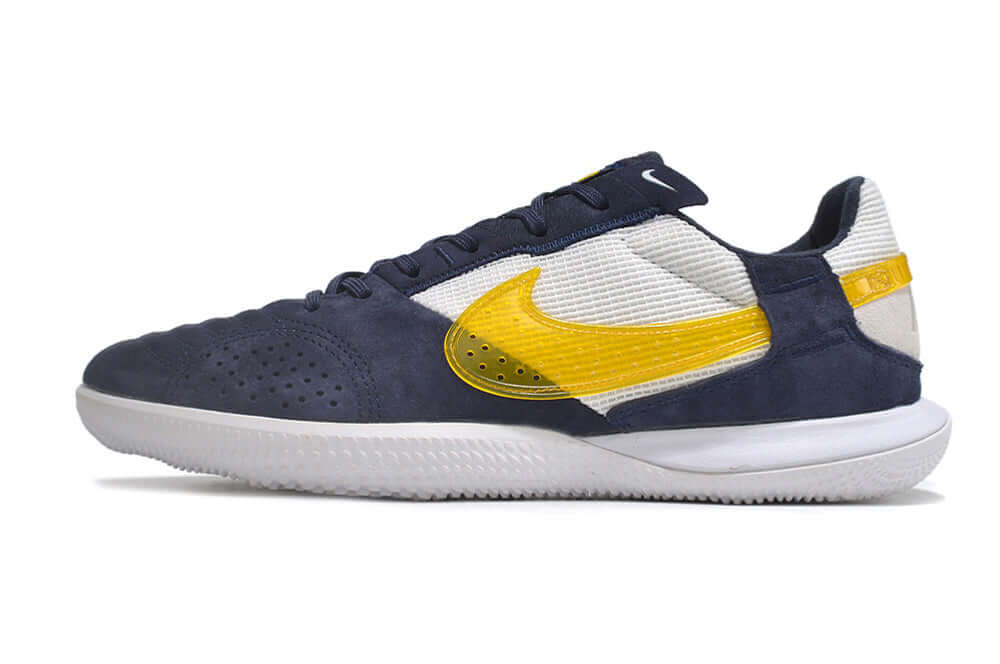 Chuteira Futsal Nike Street Gato IC - Branca, Azul e Amarela com design esportivo e sola IC para futsal.