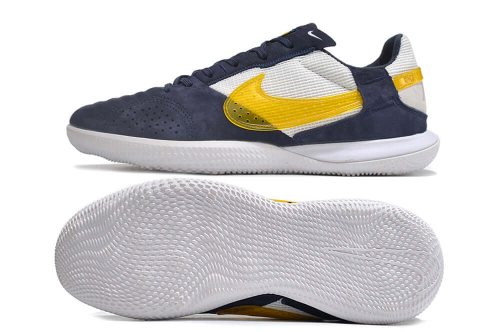 Chuteira Futsal Nike Street Gato IC - Branca, Azul e Amarela com sola IC para futsal e design moderno.