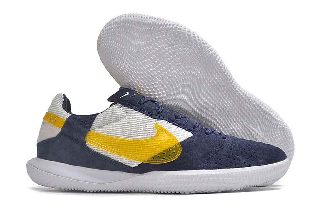 Chuteira Futsal Nike Street Gato IC - Branca, Azul e Amarela, ideal para futsal com sola IC para máxima aderência.