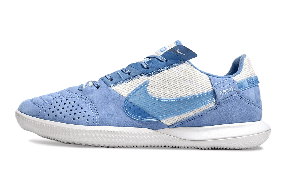 Chuteira Futsal Nike Street Gato IC - Branca e Azul lateral com detalhes em azul e branco