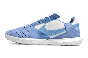 Chuteira Futsal Nike Street Gato IC - Branca e Azul lateral com detalhes em azul e branco